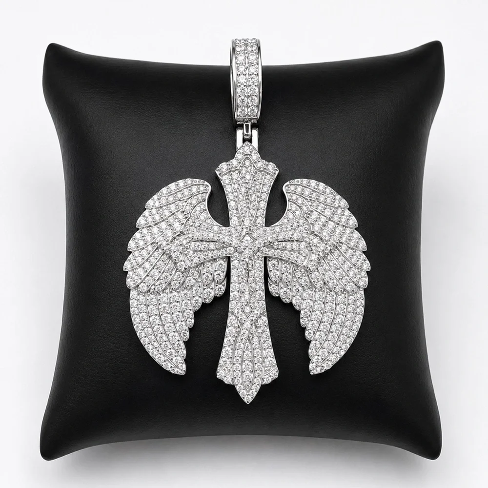 925 Sterling Silver 5.60CT Pave MOISSANITE Angel  Wing Cross Men’s Pendant